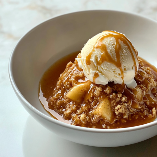 A bowl with a warm serving of slow-cooked apple crisp on a wooden countertop. A scoop of melting vanilla ice cream is on top, drizzled with caramel sauce. A spoon rests beside the bowl.
