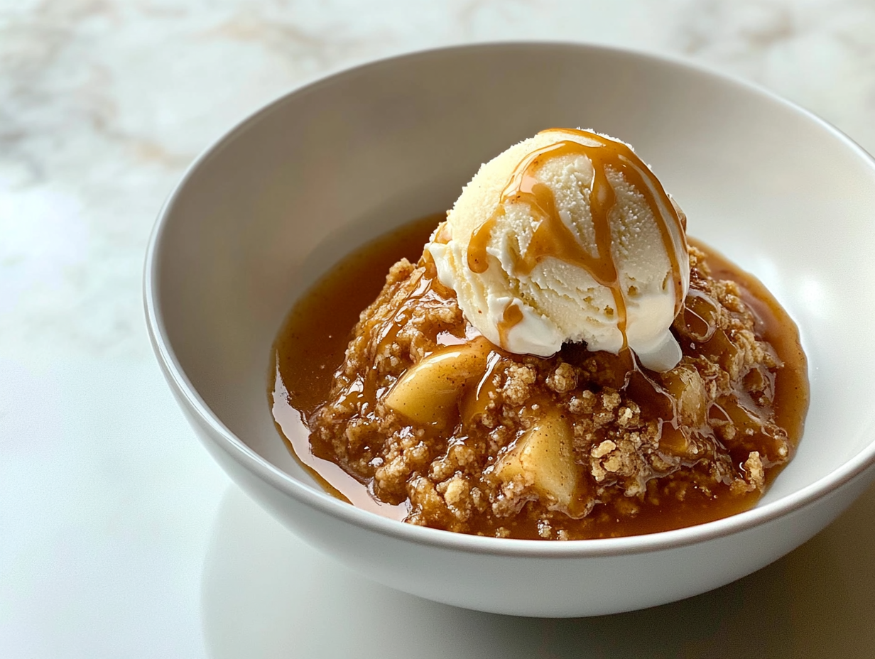A bowl with a warm serving of slow-cooked apple crisp on a wooden countertop. A scoop of melting vanilla ice cream is on top, drizzled with caramel sauce. A spoon rests beside the bowl.