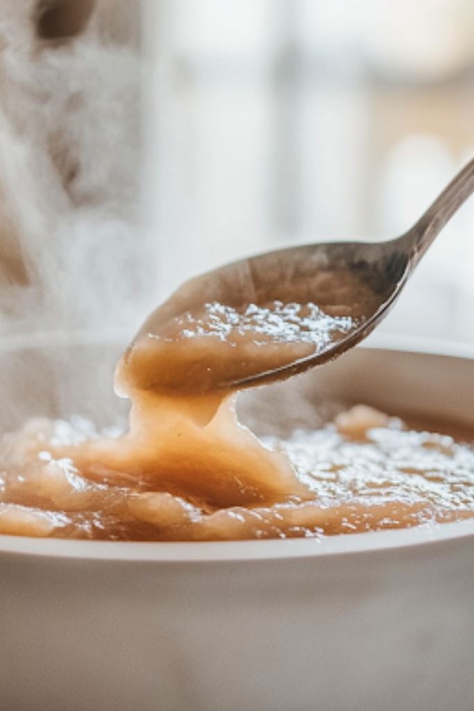 A close-up shot of freshly made applesauce being ladled into glass jars on the white marble cooktop. Steam gently rises from the thick sauce, and the jars are ready for storage, preserving the comforting homemade flavors.