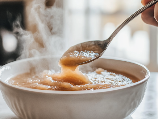 A close-up shot of freshly made applesauce being ladled into glass jars on the white marble cooktop. Steam gently rises from the thick sauce, and the jars are ready for storage, preserving the comforting homemade flavors.