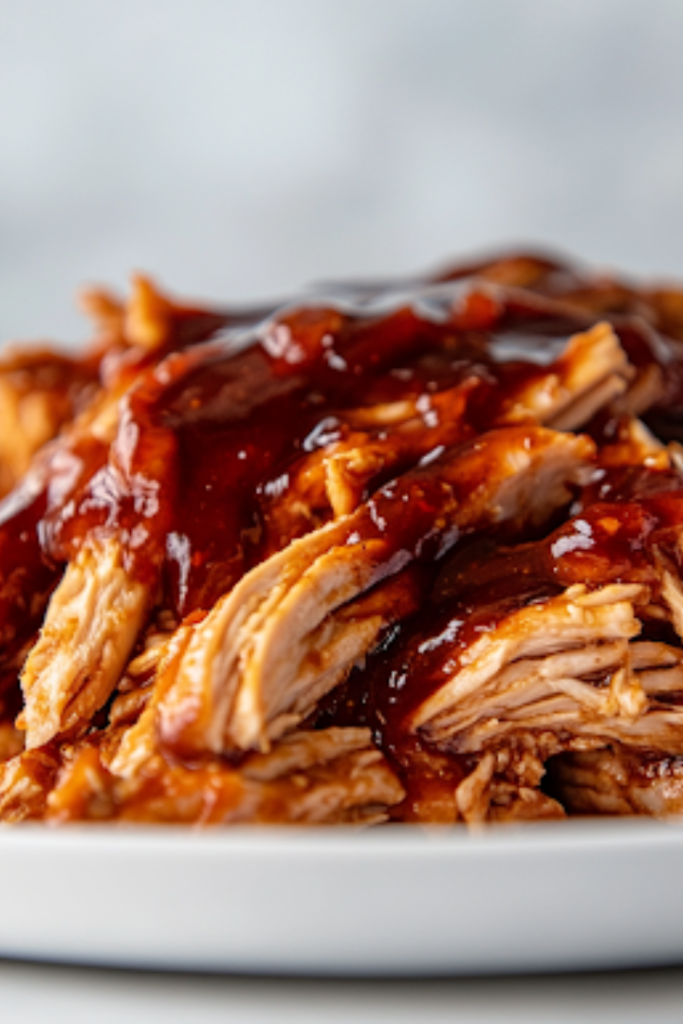 A toasted brioche bun on a white marble cooktop, piled high with juicy, saucy BBQ pulled chicken. A drizzle of extra barbecue sauce glistens on top, making for a mouthwatering sandwich, ready to be enjoyed.