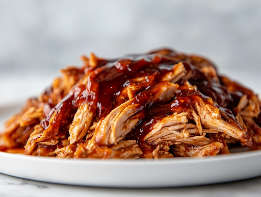 A toasted brioche bun on a white marble cooktop, piled high with juicy, saucy BBQ pulled chicken. A drizzle of extra barbecue sauce glistens on top, making for a mouthwatering sandwich, ready to be enjoyed.