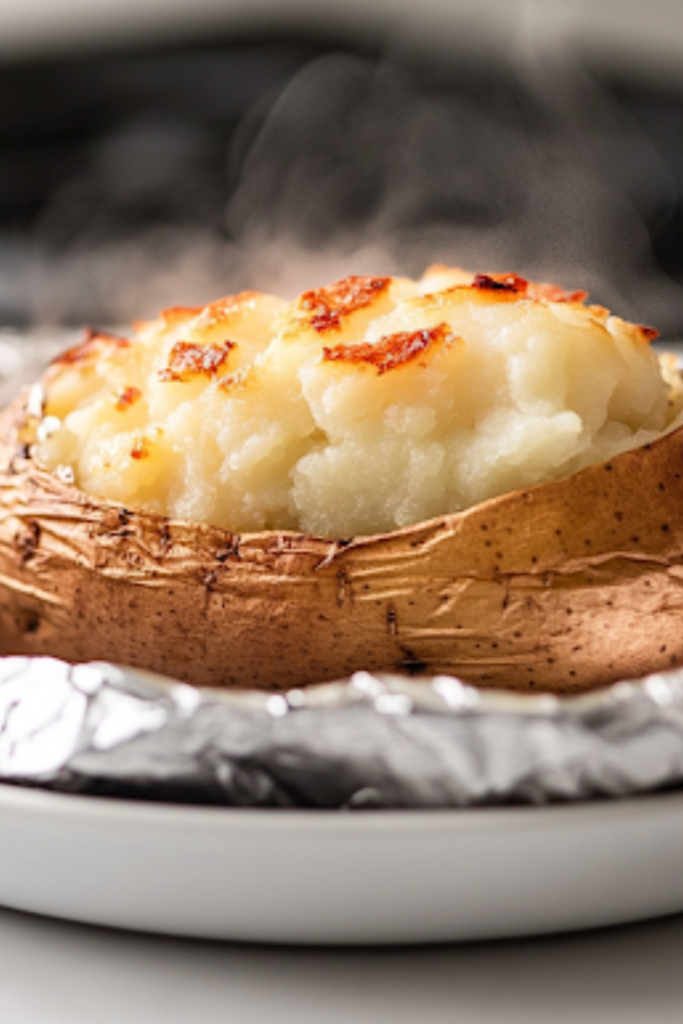 A close-up shot of a fully cooked baked potato being carefully unwrapped from its foil in a rustic serving dish. Wisps of steam rise from its soft, fluffy interior, making it ready to be topped with butter, cheese, or any favorite toppings.