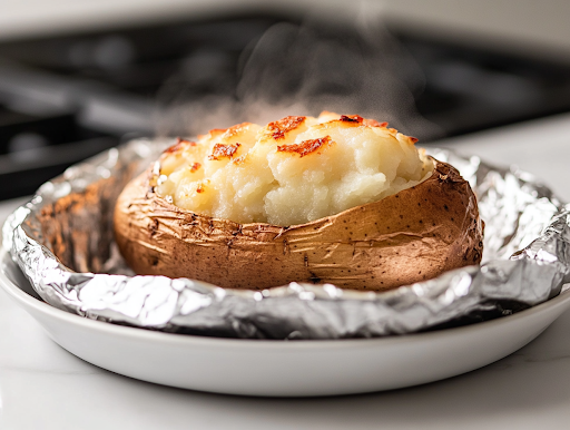 A close-up shot of a fully cooked baked potato being carefully unwrapped from its foil in a rustic serving dish. Wisps of steam rise from its soft, fluffy interior, making it ready to be topped with butter, cheese, or any favorite toppings.
