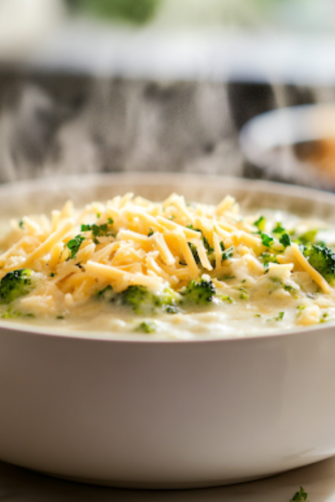 A close-up shot of a steaming bowl of cheesy broccoli soup placed on a rustic wooden table. The soup is topped with extra shredded cheese and crunchy croutons, adding texture and flavor. It is ready to be served and enjoyed as a warm, comforting meal.