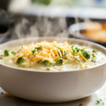 A close-up shot of a steaming bowl of cheesy broccoli soup placed on a rustic wooden table. The soup is topped with extra shredded cheese and crunchy croutons, adding texture and flavor. It is ready to be served and enjoyed as a warm, comforting meal.
