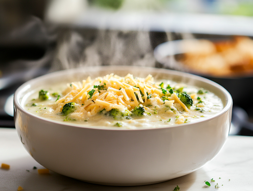 A close-up shot of a steaming bowl of cheesy broccoli soup placed on a rustic wooden table. The soup is topped with extra shredded cheese and crunchy croutons, adding texture and flavor. It is ready to be served and enjoyed as a warm, comforting meal.