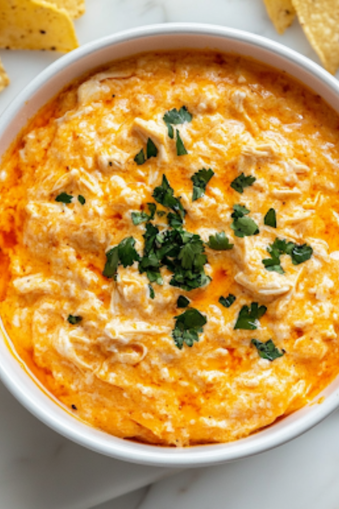 A serving bowl on a white marble cooktop, with Buffalo chicken dip garnished with extra shredded cheese and freshly sliced green onions. The vibrant colors of the toppings contrast beautifully against the creamy dip, making it visually appealing and ready to be enjoyed.