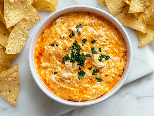 A serving bowl on a white marble cooktop, with Buffalo chicken dip garnished with extra shredded cheese and freshly sliced green onions. The vibrant colors of the toppings contrast beautifully against the creamy dip, making it visually appealing and ready to be enjoyed.