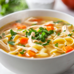A close-up shot of a steaming bowl of homemade chicken noodle soup placed on a rustic wooden table. The soup is garnished with fresh parsley, enhancing its vibrant color. It is served alongside a plate of Brussels sprouts and salted caramel chocolate chip cookies, creating a cozy and comforting meal.