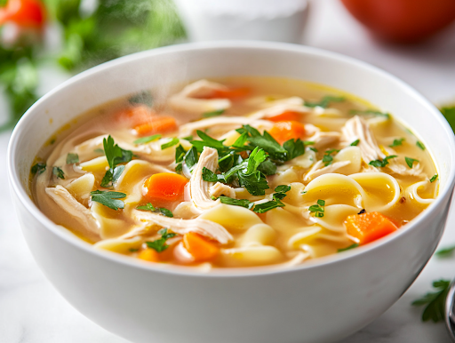 A close-up shot of a steaming bowl of homemade chicken noodle soup placed on a rustic wooden table. The soup is garnished with fresh parsley, enhancing its vibrant color. It is served alongside a plate of Brussels sprouts and salted caramel chocolate chip cookies, creating a cozy and comforting meal.