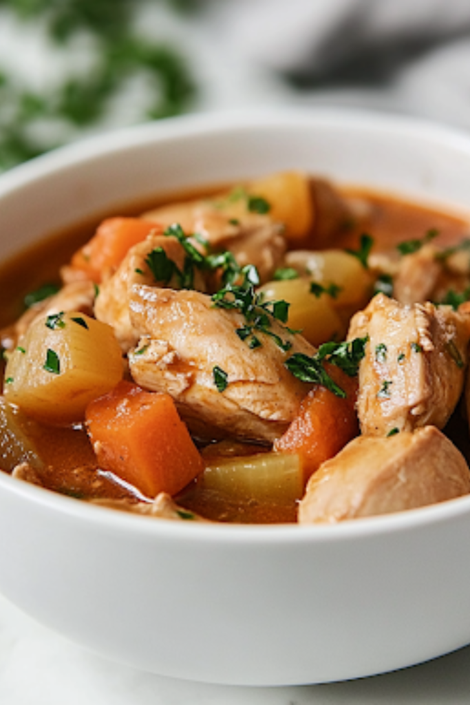A close-up shot of a ladle lifting a steaming scoop of slow-cooked chicken and vegetable stew from the black slow cooker over the white marble cooktop. The rich, creamy broth drips slightly as the hearty ingredients—chicken, carrots, and potatoes—are showcased, ready to be served.