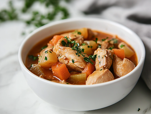 A close-up shot of a ladle lifting a steaming scoop of slow-cooked chicken and vegetable stew from the black slow cooker over the white marble cooktop. The rich, creamy broth drips slightly as the hearty ingredients—chicken, carrots, and potatoes—are showcased, ready to be served.