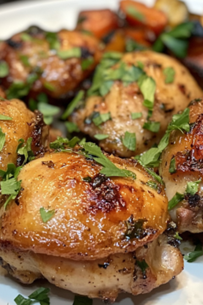 A close-up of a serving platter set on a white marble cooktop, featuring tender, golden-brown garlic butter chicken thighs garnished with freshly chopped parsley. A side of roasted vegetables adds color and flavor, making the dish visually appealing and ready to be served.