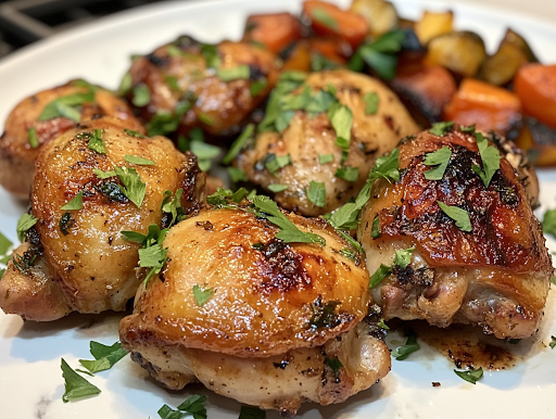 A close-up of a serving platter set on a white marble cooktop, featuring tender, golden-brown garlic butter chicken thighs garnished with freshly chopped parsley. A side of roasted vegetables adds color and flavor, making the dish visually appealing and ready to be served.