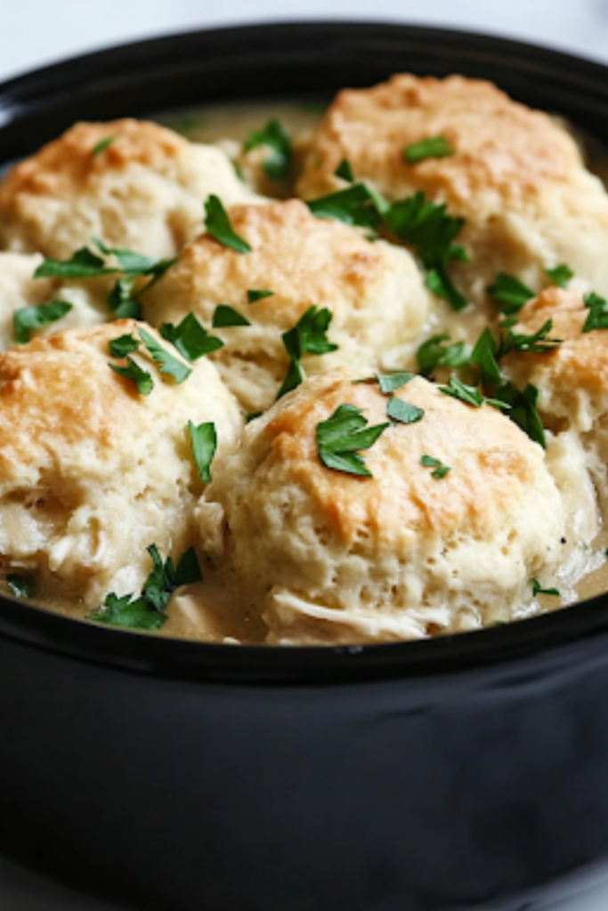 A close-up shot of bite-sized pieces of refrigerated biscuits floating on top of the thickened chicken and vegetable mixture inside the black crockpot on the white marble cooktop. Steam rises as the biscuits cook, turning soft, fluffy, and golden. Fresh parsley is sprinkled on top, adding a final touch of color and freshness, ready to serve.