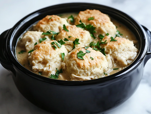 A close-up shot of bite-sized pieces of refrigerated biscuits floating on top of the thickened chicken and vegetable mixture inside the black crockpot on the white marble cooktop. Steam rises as the biscuits cook, turning soft, fluffy, and golden. Fresh parsley is sprinkled on top, adding a final touch of color and freshness, ready to serve.