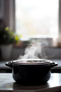 A close-up shot of the black slow cooker on the white marble cooktop, covered with a glass lid. Steam gently fogs up the surface as the soup simmers on low heat, allowing the flavors to deepen and meld together.
