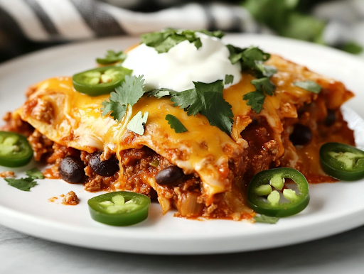 A white plate on a white marble cooktop with a serving of Mexican casserole, topped with fresh cilantro, a dollop of sour cream, and sliced jalapeños. A fork rests beside the dish, ready to take a bite of the warm, cheesy, and flavorful meal.