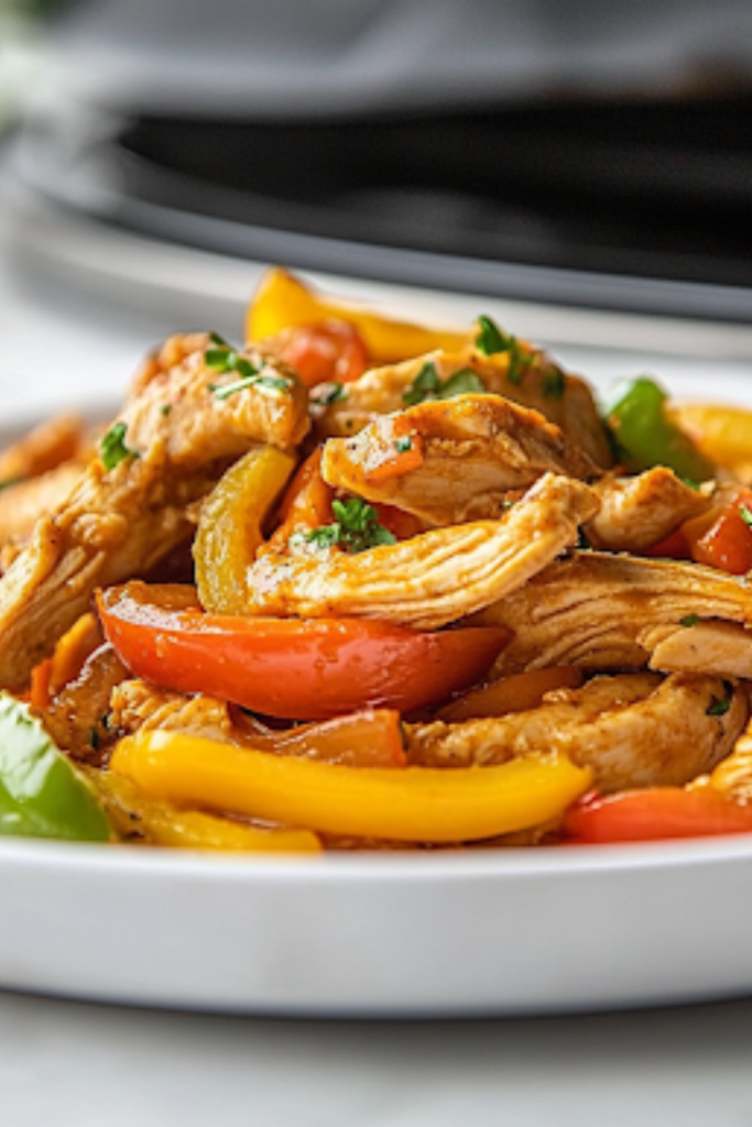 A wooden cutting board on a white marble cooktop, featuring warm flour tortillas filled with juicy shredded chicken, colorful bell peppers, and delicious toppings like fresh cilantro, guacamole, and shredded cheese, ready to be served and enjoyed.