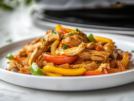 A wooden cutting board on a white marble cooktop, featuring warm flour tortillas filled with juicy shredded chicken, colorful bell peppers, and delicious toppings like fresh cilantro, guacamole, and shredded cheese, ready to be served and enjoyed.
