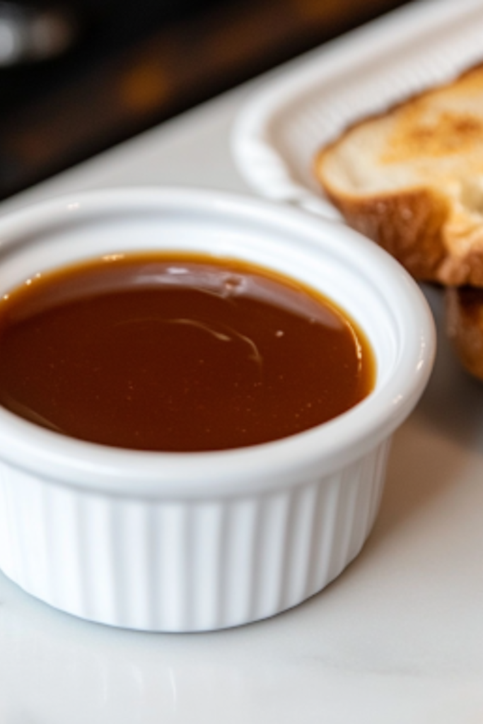 A small white bowl on a white marble cooktop, filled with rich, strained au jus sauce, perfect for dipping the French Dip sandwich, enhancing every bite with deep, savory flavor.