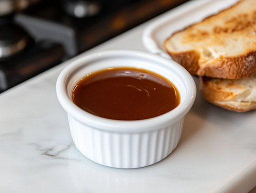 A small white bowl on a white marble cooktop, filled with rich, strained au jus sauce, perfect for dipping the French Dip sandwich, enhancing every bite with deep, savory flavor.