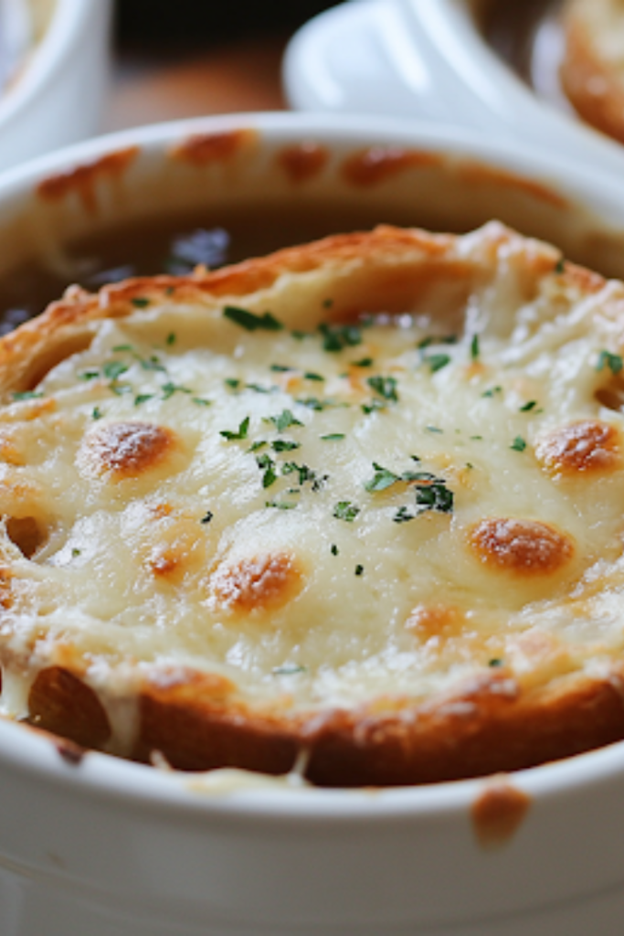 A beautifully set dining table featuring a bowl of rich, steaming French onion soup. The golden, bubbly cheese stretches as a spoon lifts a bite, revealing layers of flavors beneath. A side of crispy Keto Air Fryer Chicken Breast and a fresh Carnivore Chicken Salad are plated beside the soup for a complete and satisfying meal.