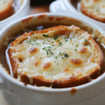 A beautifully set dining table featuring a bowl of rich, steaming French onion soup. The golden, bubbly cheese stretches as a spoon lifts a bite, revealing layers of flavors beneath. A side of crispy Keto Air Fryer Chicken Breast and a fresh Carnivore Chicken Salad are plated beside the soup for a complete and satisfying meal.