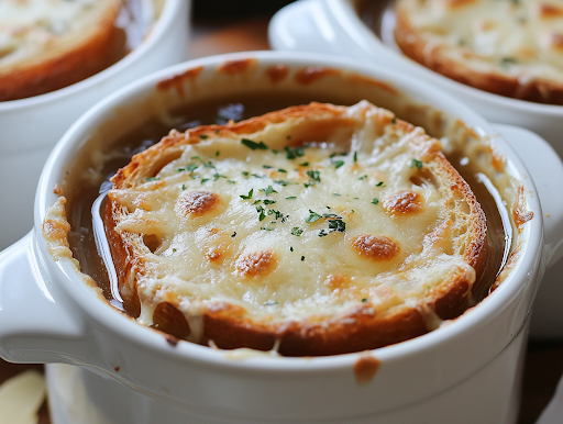 A beautifully set dining table featuring a bowl of rich, steaming French onion soup. The golden, bubbly cheese stretches as a spoon lifts a bite, revealing layers of flavors beneath. A side of crispy Keto Air Fryer Chicken Breast and a fresh Carnivore Chicken Salad are plated beside the soup for a complete and satisfying meal.