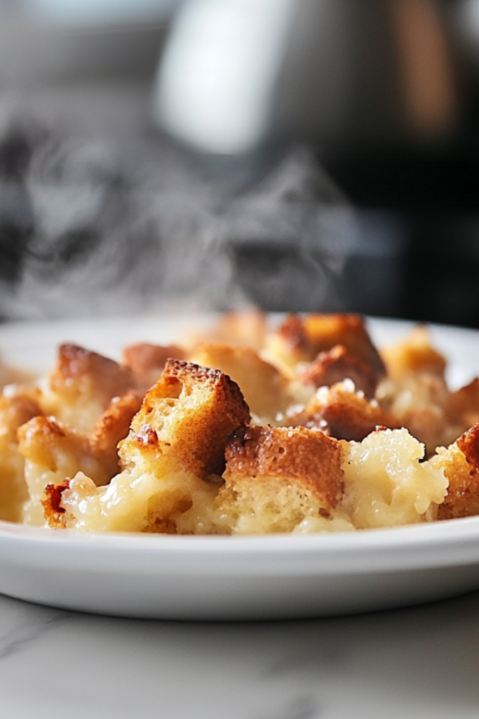 A white plate on the white marble cooktop, filled with the soaked bread mixture, cooking into a warm, golden bread pudding. Steam rises as it bakes to perfection