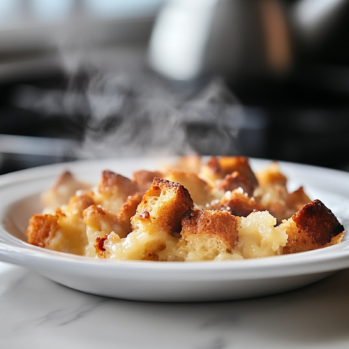 A white plate on the white marble cooktop, filled with the soaked bread mixture, cooking into a warm, golden bread pudding. Steam rises as it bakes to perfection