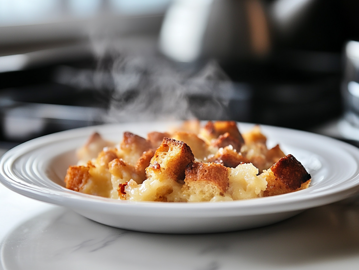 A white plate on the white marble cooktop, filled with the soaked bread mixture, cooking into a warm, golden bread pudding. Steam rises as it bakes to perfection