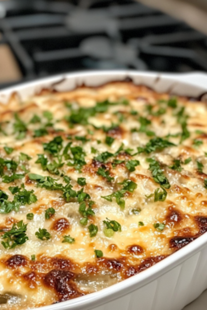 A serving shot of a spoonful of creamy green bean casserole being lifted from the slow cooker, with melty cheese and crispy onions visible. The layers of creamy sauce, tender green beans, and crunchy topping create the perfect comforting dish.