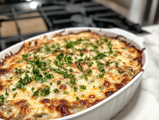 A serving shot of a spoonful of creamy green bean casserole being lifted from the slow cooker, with melty cheese and crispy onions visible. The layers of creamy sauce, tender green beans, and crunchy topping create the perfect comforting dish.