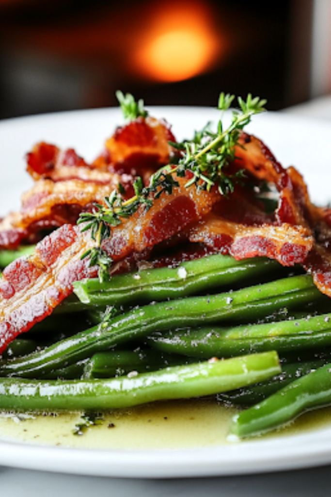 A close-up shot of a spoonful of buttery green beans with bacon being lifted from the black slow cooker on the white marble cooktop. The beans glisten with butter, while crispy bacon bits add a delicious contrast of texture and flavor, ready to be served.