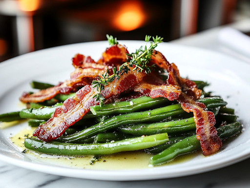 A close-up shot of a spoonful of buttery green beans with bacon being lifted from the black slow cooker on the white marble cooktop. The beans glisten with butter, while crispy bacon bits add a delicious contrast of texture and flavor, ready to be served.
