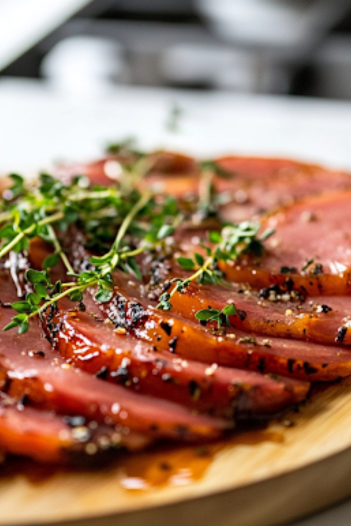 A close-up shot of the beautifully plated spiral-cut ham on a wooden serving platter over the white marble cooktop, drizzled with extra glaze and garnished with fresh herbs. The juicy, tender slices glisten under the light, ready to be served with favorite side dishes.