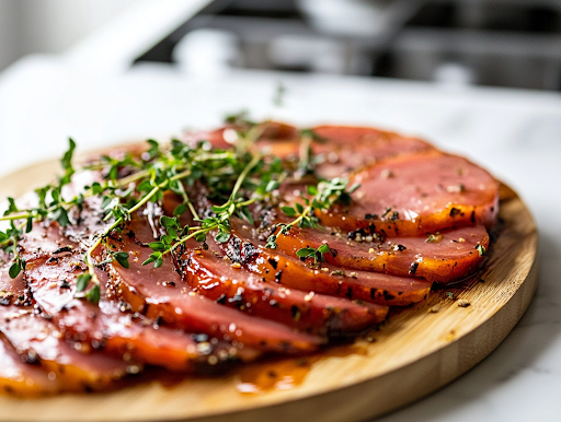 A close-up shot of the beautifully plated spiral-cut ham on a wooden serving platter over the white marble cooktop, drizzled with extra glaze and garnished with fresh herbs. The juicy, tender slices glisten under the light, ready to be served with favorite side dishes.