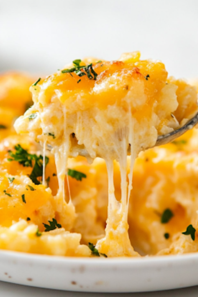 A serving spoon scooping out a portion of hot, bubbly Crockpot Cheesy Hashbrowns. Strings of melted cheddar cheese stretch between the spoon and the crockpot, highlighting the gooey, delicious texture. The white marble cooktop serves as a clean backdrop.