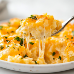 A serving spoon scooping out a portion of hot, bubbly Crockpot Cheesy Hashbrowns. Strings of melted cheddar cheese stretch between the spoon and the crockpot, highlighting the gooey, delicious texture. The white marble cooktop serves as a clean backdrop.
