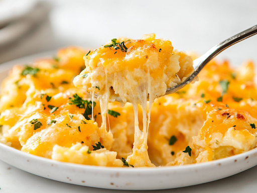 A serving spoon scooping out a portion of hot, bubbly Crockpot Cheesy Hashbrowns. Strings of melted cheddar cheese stretch between the spoon and the crockpot, highlighting the gooey, delicious texture. The white marble cooktop serves as a clean backdrop.