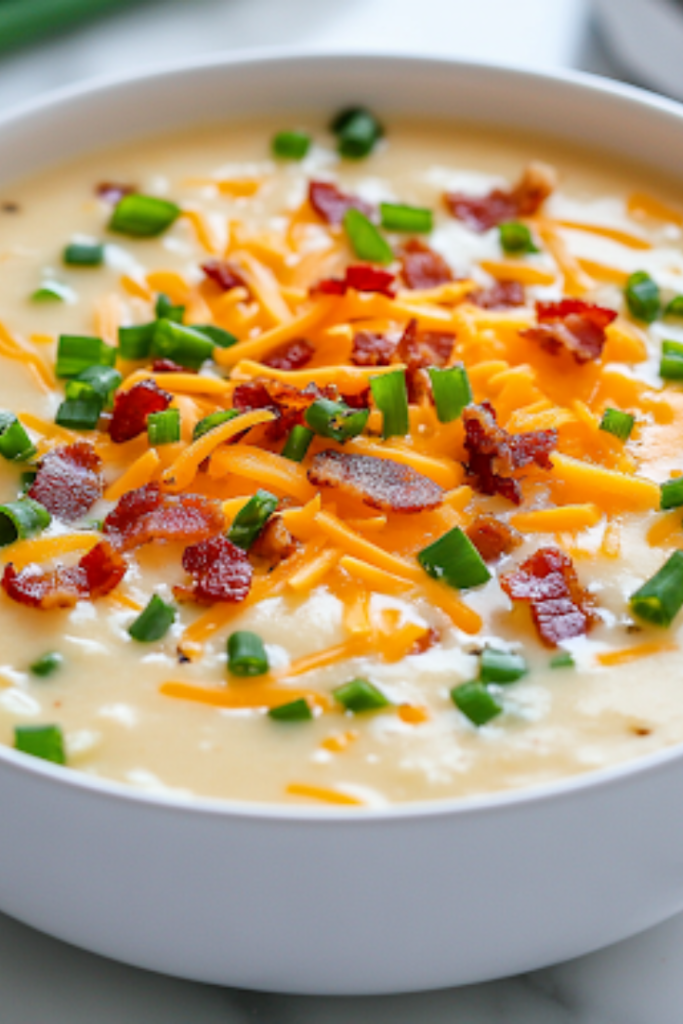 A white soup bowl on a white marble cooktop, filled with steaming potato soup. The dish is garnished with crispy bacon bits, sliced green onions, and extra cheddar cheese, adding a pop of color and flavor. A spoon rests beside the bowl, ready for a comforting meal.
