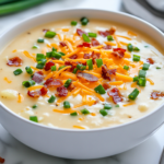 A white soup bowl on a white marble cooktop, filled with steaming potato soup. The dish is garnished with crispy bacon bits, sliced green onions, and extra cheddar cheese, adding a pop of color and flavor. A spoon rests beside the bowl, ready for a comforting meal.
