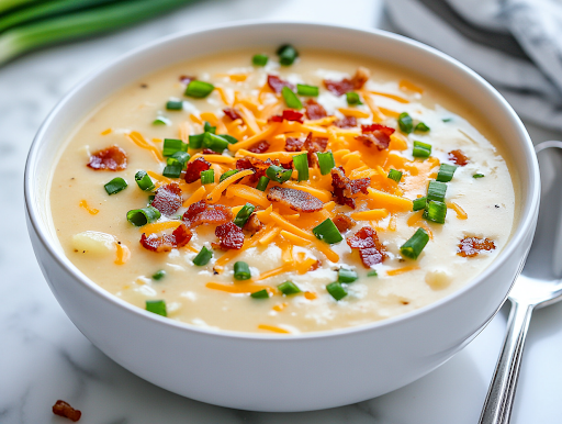 A white soup bowl on a white marble cooktop, filled with steaming potato soup. The dish is garnished with crispy bacon bits, sliced green onions, and extra cheddar cheese, adding a pop of color and flavor. A spoon rests beside the bowl, ready for a comforting meal.