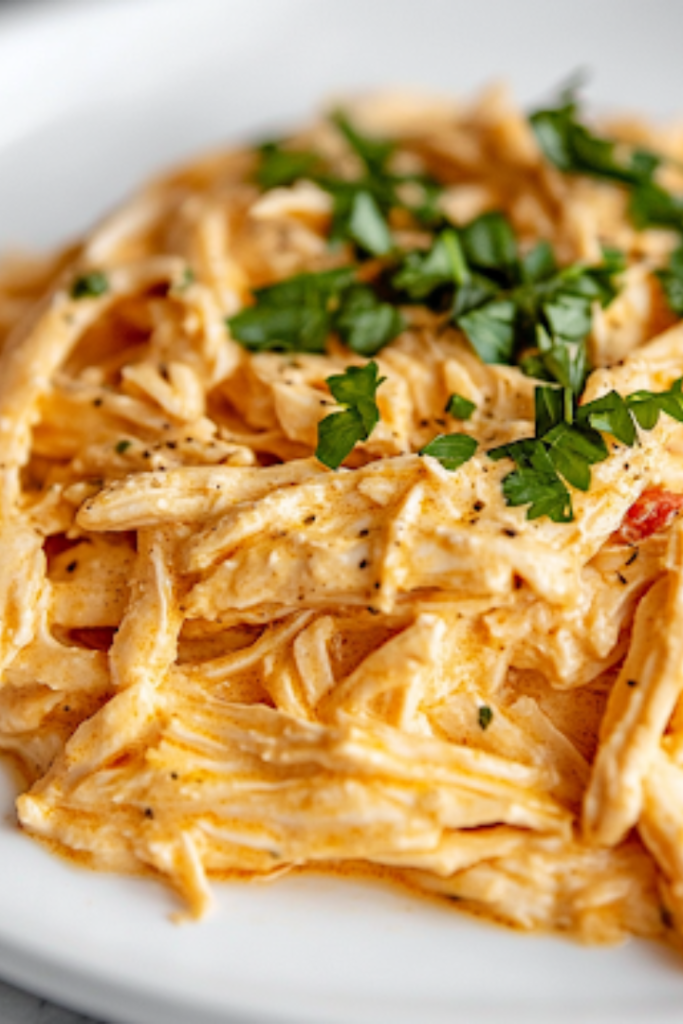 A white plate on a white marble cooktop, featuring a generous serving of creamy shredded Italian chicken over pasta, garnished with fresh herbs, ready to be enjoyed.