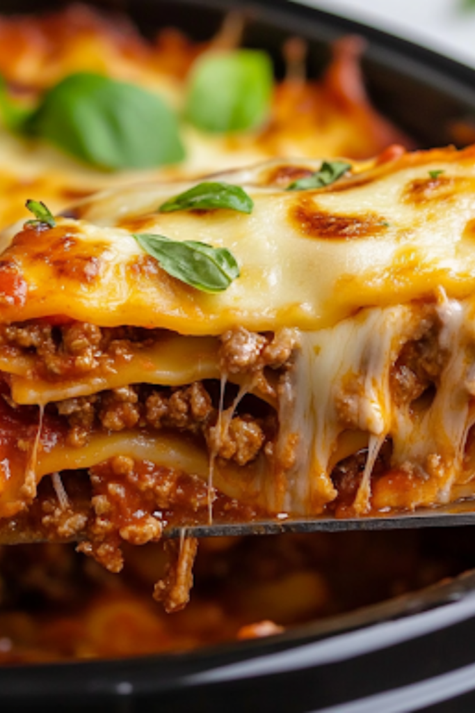A close-up shot of a slice of slow-cooked lasagna being lifted from the black slow cooker with a spatula over the white marble cooktop. The layers of noodles, melted cheese, and savory meat sauce hold together beautifully, with fresh basil sprinkled on top for a perfect finishing touch.