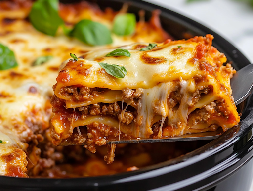 A close-up shot of a slice of slow-cooked lasagna being lifted from the black slow cooker with a spatula over the white marble cooktop. The layers of noodles, melted cheese, and savory meat sauce hold together beautifully, with fresh basil sprinkled on top for a perfect finishing touch.