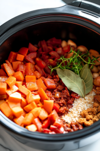 A close-up shot of a black slow cooker on the white marble cooktop, filled with a mix of freshly chopped vegetables, fire-roasted diced tomatoes, tomato paste, a bay leaf, smoked paprika, and garlic powder. The ingredients are layered, showcasing a rich blend of colors and textures before mixing.