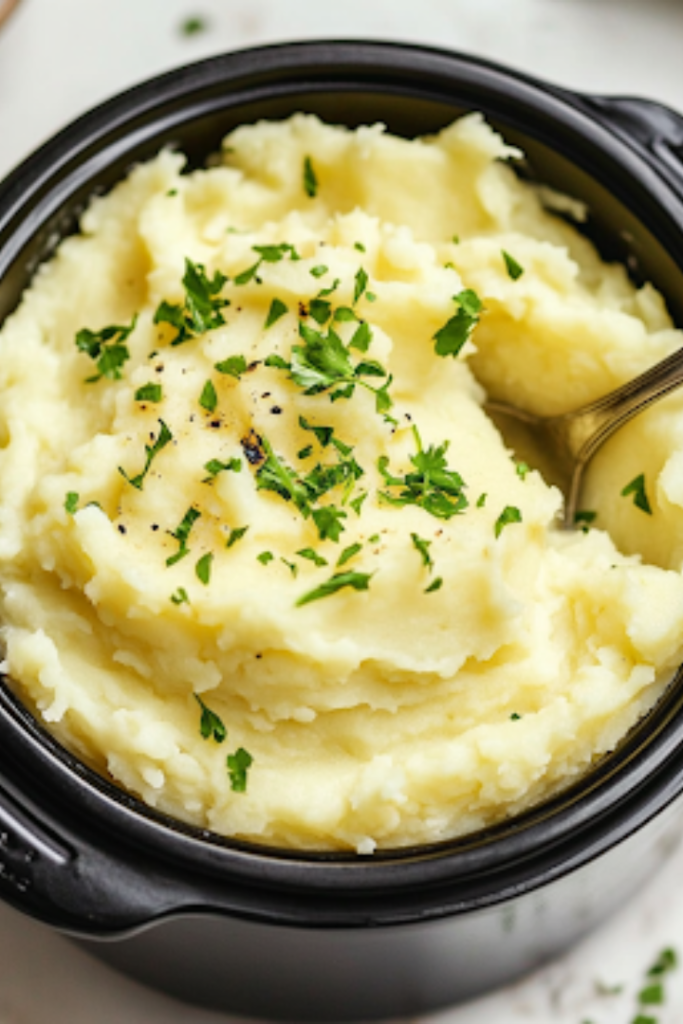 A close-up shot of the black slow cooker on the white marble cooktop, with a serving spoon resting inside. The mashed potatoes are warm, fluffy, and perfectly smooth, ready to be served and enjoyed.